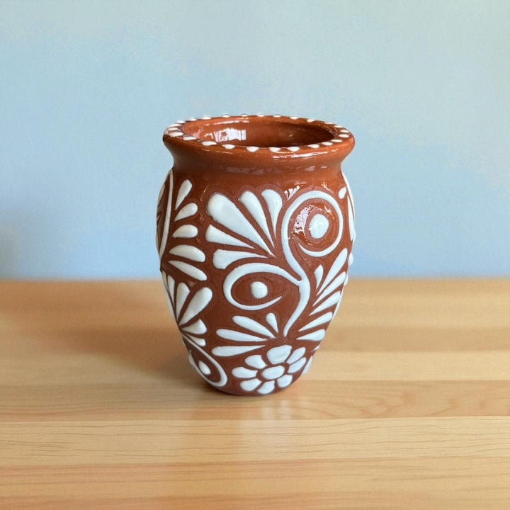Hand Painted Talavera Rustic Brown and White Floral Cantarito Cup – Set of 2