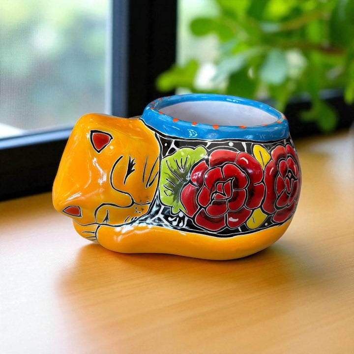 Cute Hand Painted Talavera Sleeping Kitty Cat Planter Pot – Assorted Colors (Varying Design)