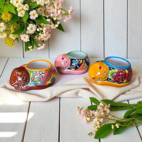 Cute Hand Painted Talavera Sleeping Kitty Cat Planter Pot – Assorted Colors (Varying Design)