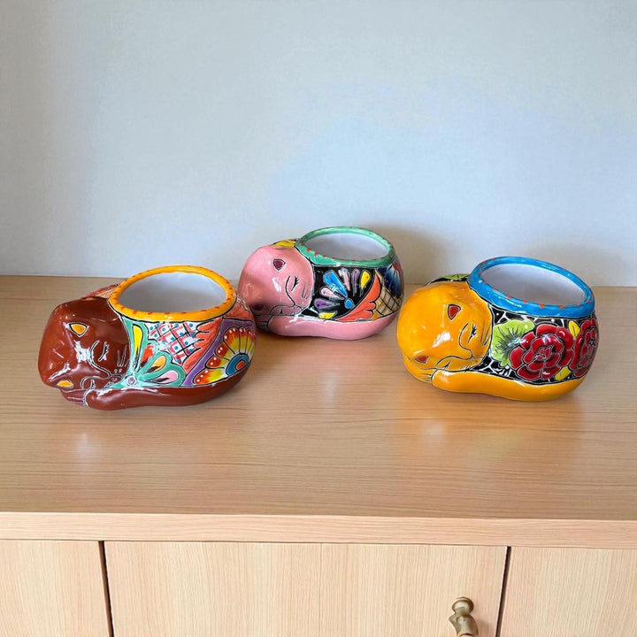 Cute Hand Painted Talavera Sleeping Kitty Cat Planter Pot – Assorted Colors (Varying Design)