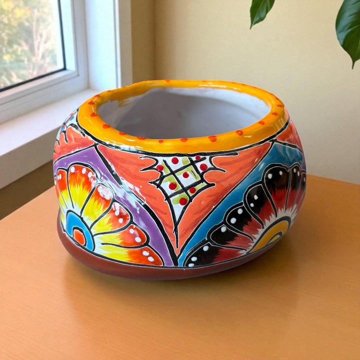 Cute Hand Painted Talavera Sleeping Kitty Cat Planter Pot – Assorted Colors (Varying Design)