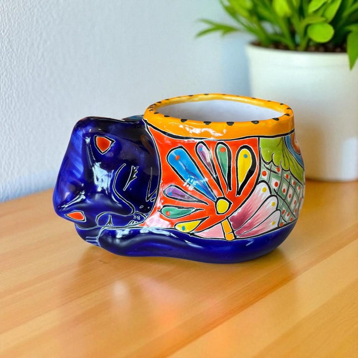 Cute Hand Painted Talavera Sleeping Cat Planter Pot – Assorted Colors (Varying Design)
