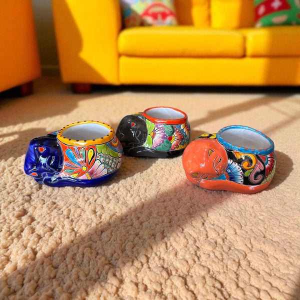Cute Hand Painted Talavera Sleeping Cat Planter Pot – Assorted Colors (Varying Design)