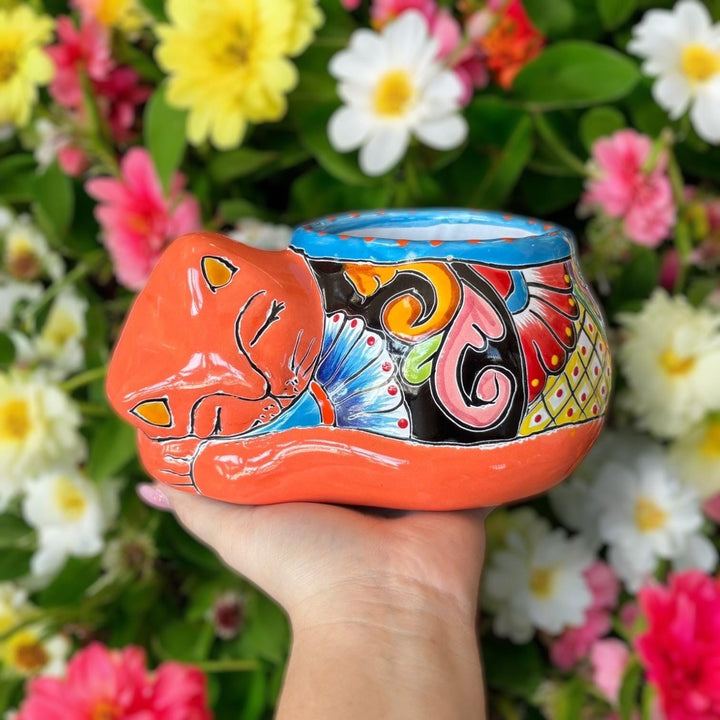 Cute Hand Painted Talavera Sleeping Cat Planter Pot – Assorted Colors (Varying Design)