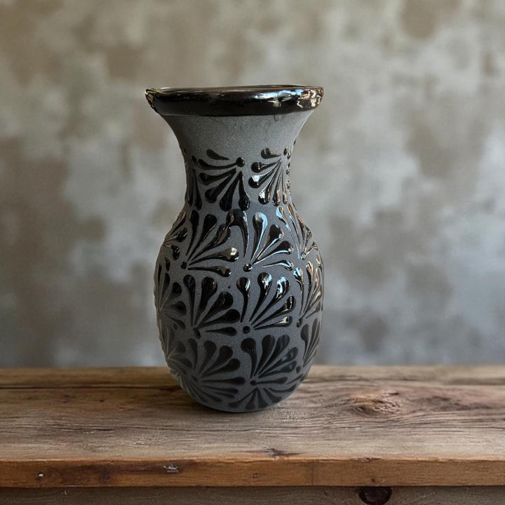 Hand Painted Mexican Black Clay and Black Rustic Vase (Cielito Lindo Inspired)