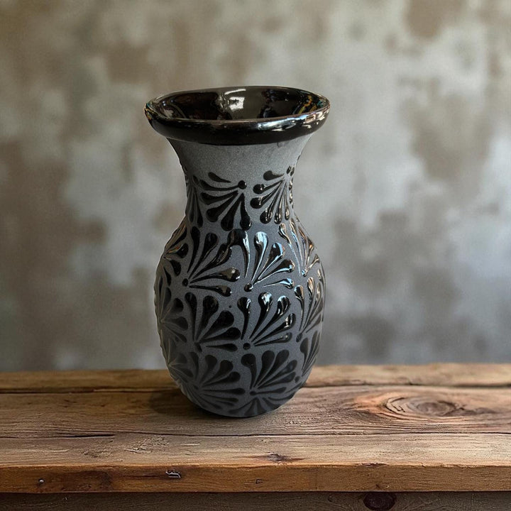 Hand Painted Mexican Black Clay and Black Rustic Vase (Cielito Lindo Inspired)