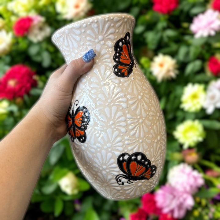 Hand Painted Ivory and White Monarch Butterfly Talavera Flower Vase (Cielito Lindo Inspired)