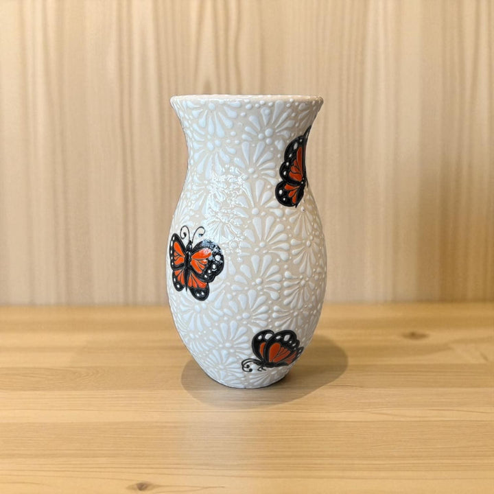 Hand Painted Ivory and White Monarch Butterfly Talavera Flower Vase (Cielito Lindo Inspired)