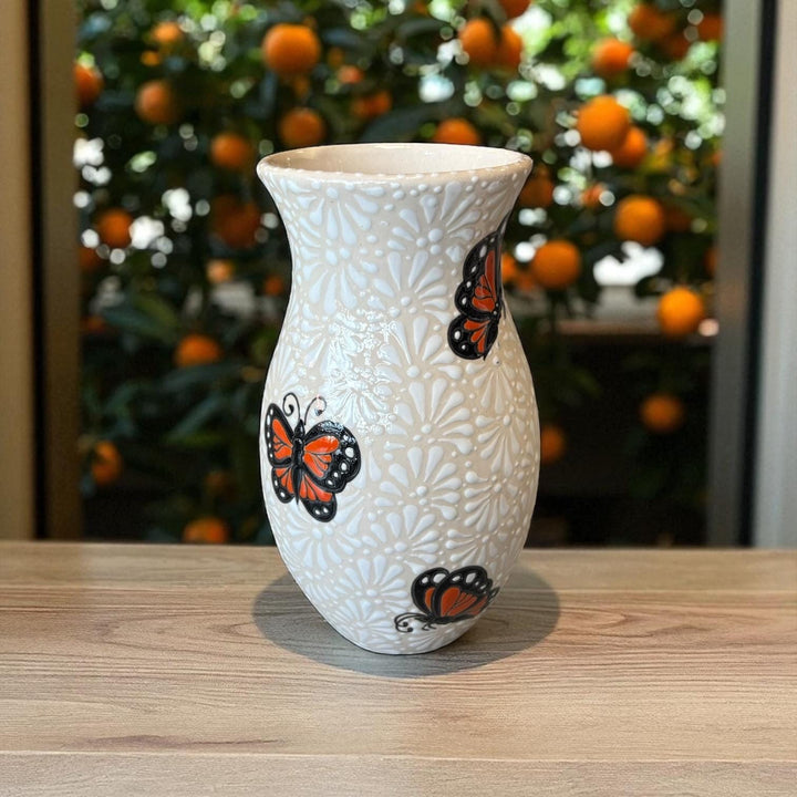 Hand Painted Ivory and White Monarch Butterfly Talavera Flower Vase (Cielito Lindo Inspired)
