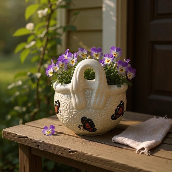 Ivory and White Hand Painted Monarch Butterfly Talavera Basket Vase Pot (Cielito Lindo Inspired)