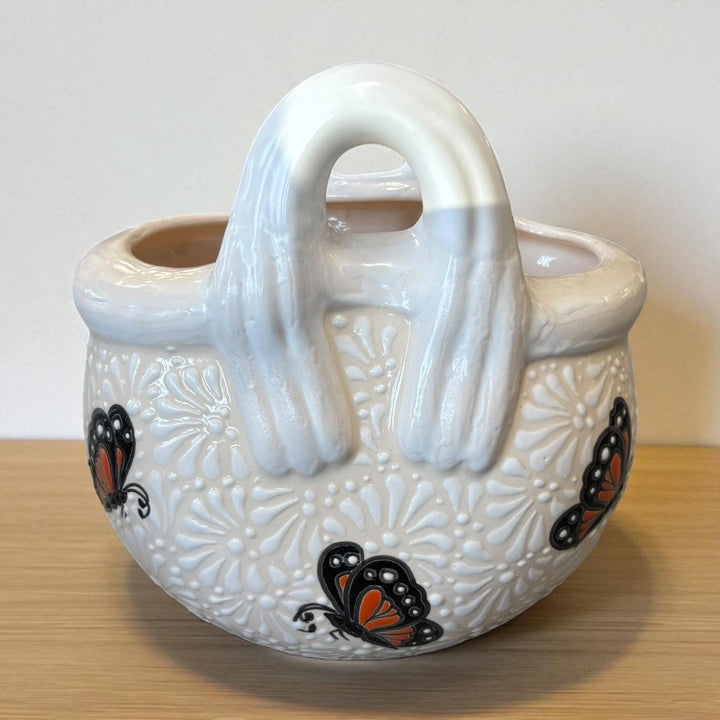 Ivory and White Hand Painted Monarch Butterfly Talavera Basket Vase Pot (Cielito Lindo Inspired)