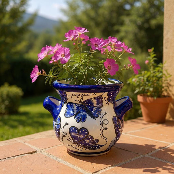 Beautiful Hand Painted Talavera Blue & White Butterfly Planter Pot with Handles (Varying Design) – Free Shipping (Contiguous U.S. Only)