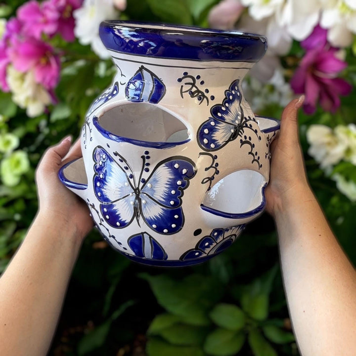 Beautiful Hand Painted Dark Blue and White Butterfly Strawberry Planter (Varying Design)