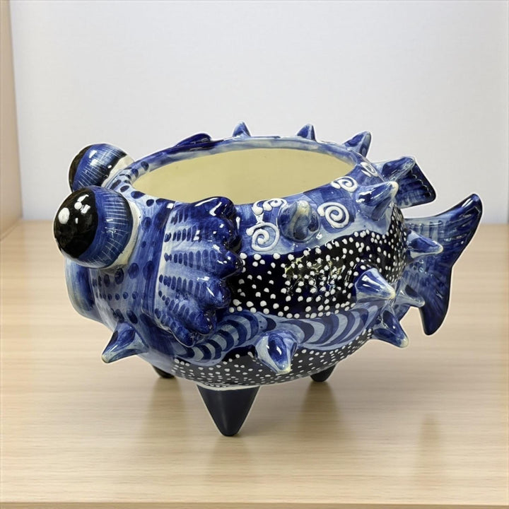 Beautiful Hand Painted Mexican Talavera Dark Blue Pufferfish Planter Pot – Free Shipping (Contiguous U.S. Only)