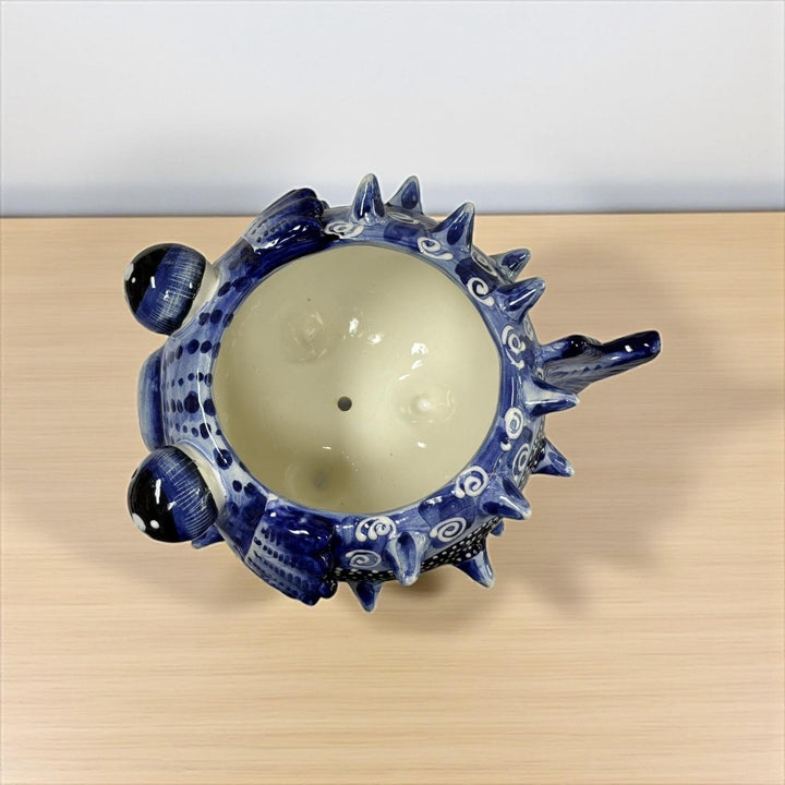 Beautiful Hand Painted Mexican Talavera Dark Blue Pufferfish Planter Pot