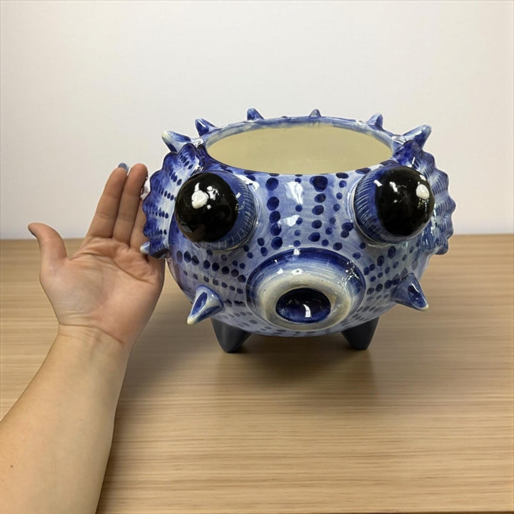 Beautiful Hand Painted Mexican Talavera Dark Blue Pufferfish Planter Pot – Free Shipping (Contiguous U.S. Only)