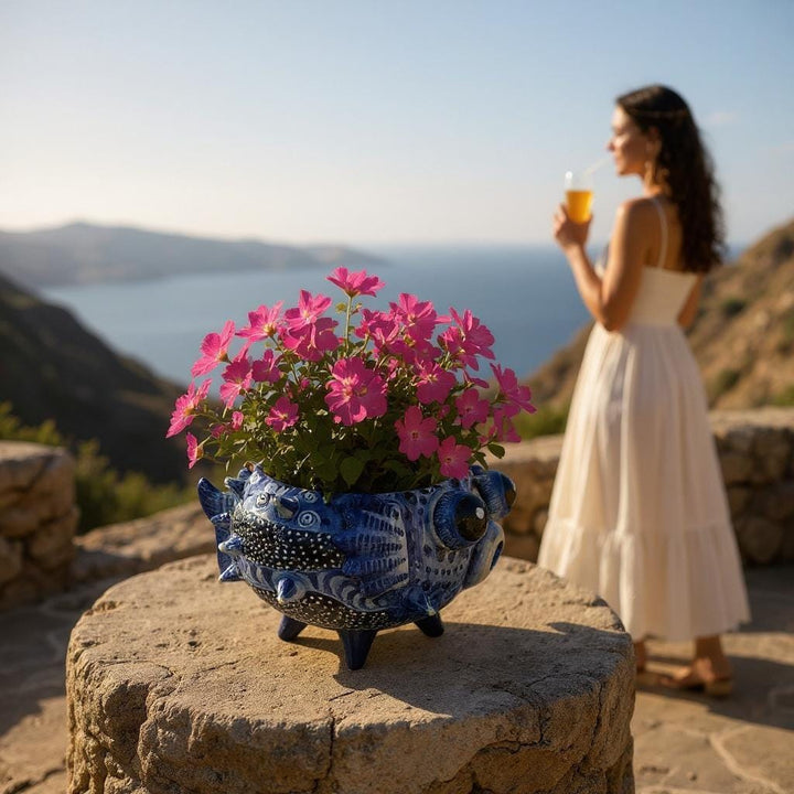 Beautiful Hand Painted Mexican Talavera Dark Blue Pufferfish Planter Pot – Free Shipping (Contiguous U.S. Only)