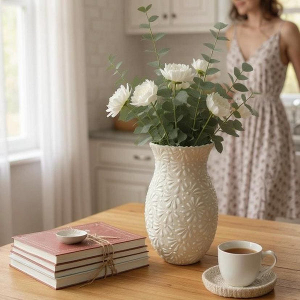 Hand Painted Ivory and White Talavera Flower Vase