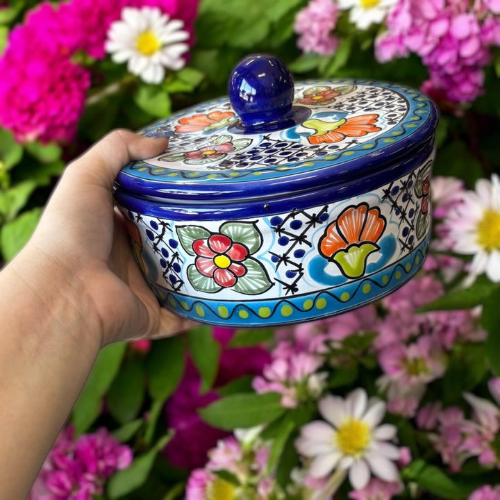 Hand Painted Dark Blue Floral Talavera Tortilla Warmer “Tortillero”