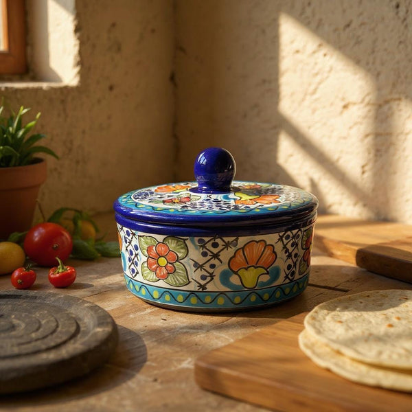 Hand Painted Dark Blue Floral Talavera Tortilla Warmer “Tortillero”