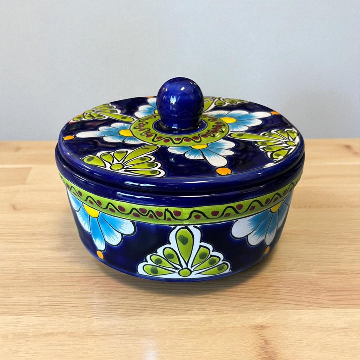 Hand Painted Dark Blue & Green Floral Mexican Talavera Tortilla Warmer “Tortillero”