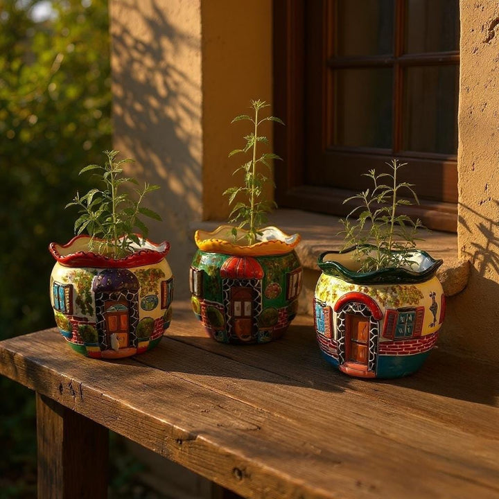 Cute Hand Painted Cat Villa House Talavera Planter Pot – Assorted Designs