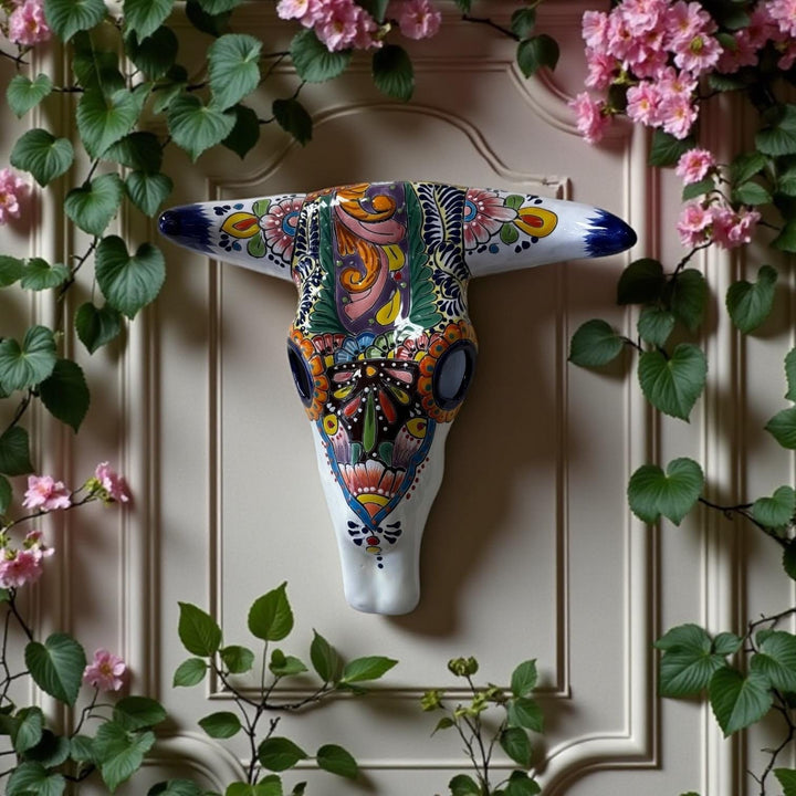Hand Painted Talavera Rustic Bull Skull Garden Wall Decor – Assorted Designs