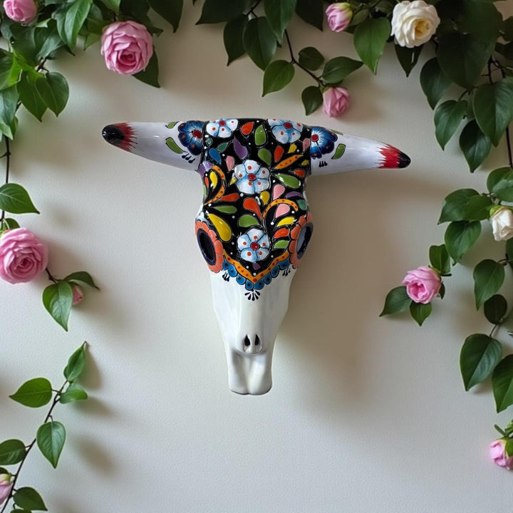 Hand Painted Talavera Rustic Bull Skull Garden Wall Decor – Assorted Designs
