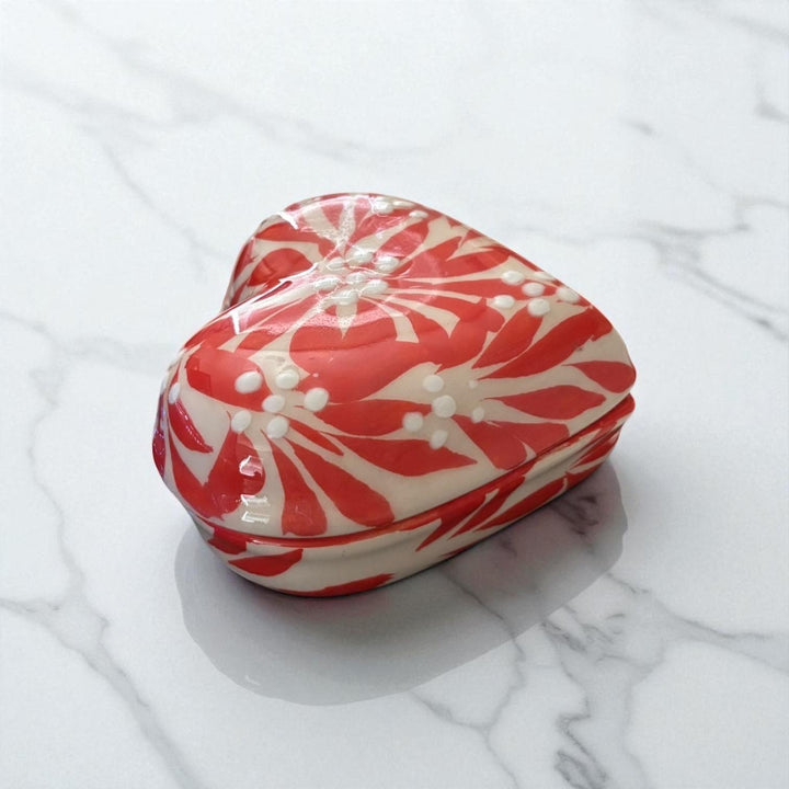Hand Painted Ivory and Orange Talavera Heart Jewelry Trinket Box