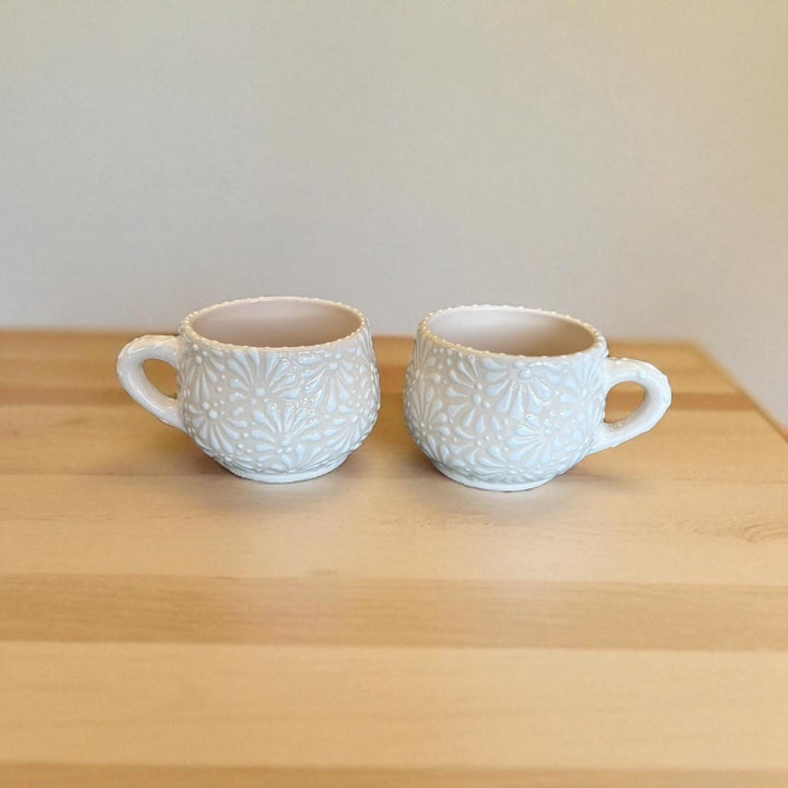 Beautiful Hand Painted Mexican Talavera Ivory and White Small Mug – Set of 2
