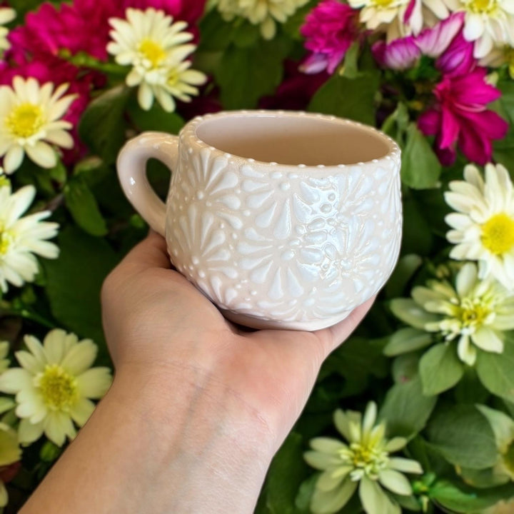 Beautiful Hand Painted Mexican Talavera Ivory and White Small Mug – Set of 2