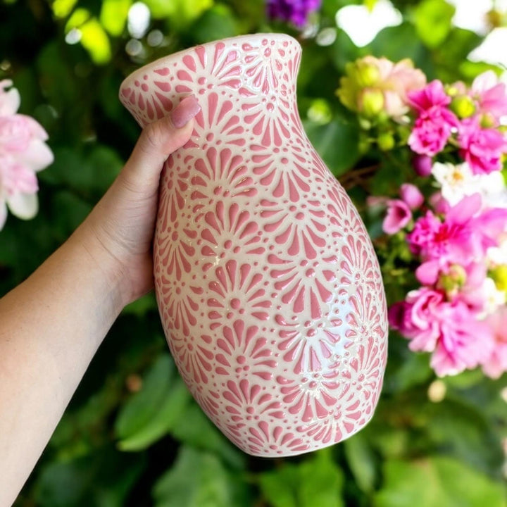 Hand Painted Ivory and Pink Talavera Flower Vase (Cielito Lindo Inspired)