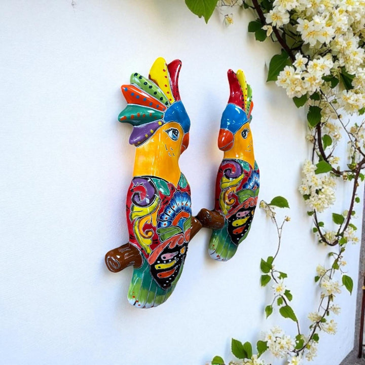 Hand Painted Talavera Love Birds Cockatoo Garden Wall Decor – Set of 2
