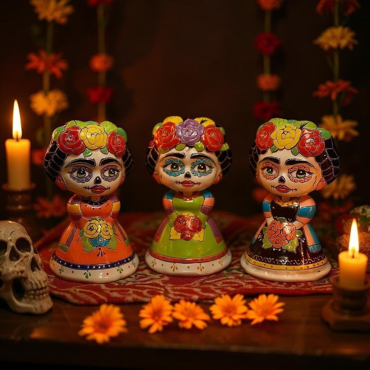 Beautiful Hand Painted Day of the Dead Talavera Frida Kahlo Inspired, Skeleton Dancer Planter Pot (Varying Design)