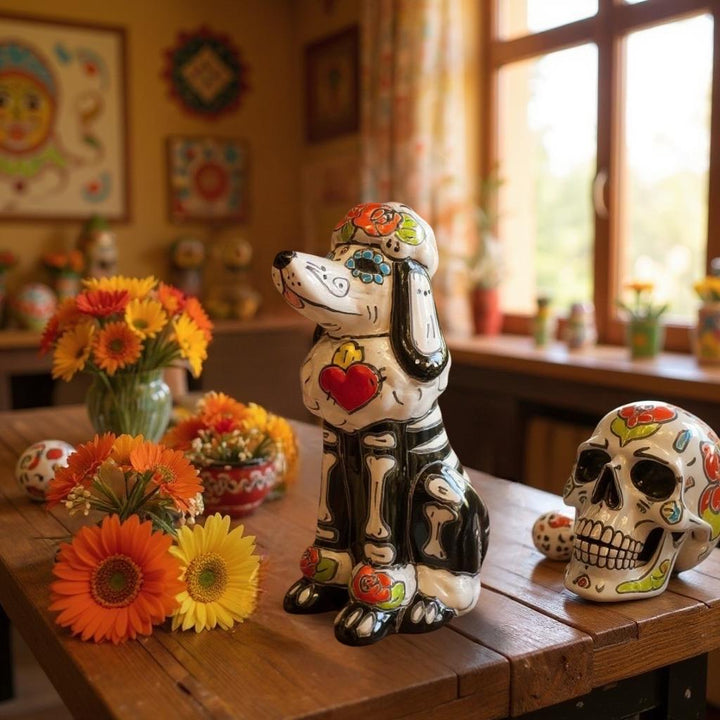 Day of the Dead Hand Painted Skeleton Poodle Dog Figure (Varying Design)
