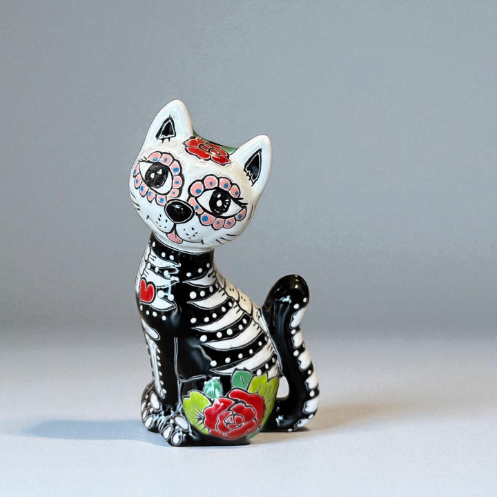 Day of the Dead Hand Painted Talavera Floral Skeleton Cat Figure (Varying Design)