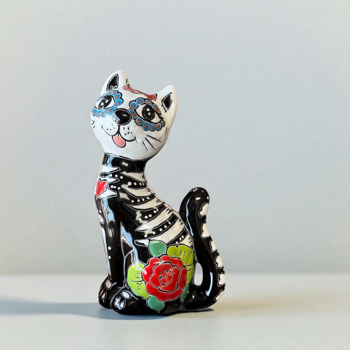 Day of the Dead Hand Painted Talavera Floral Skeleton Cat Figure (Varying Design)
