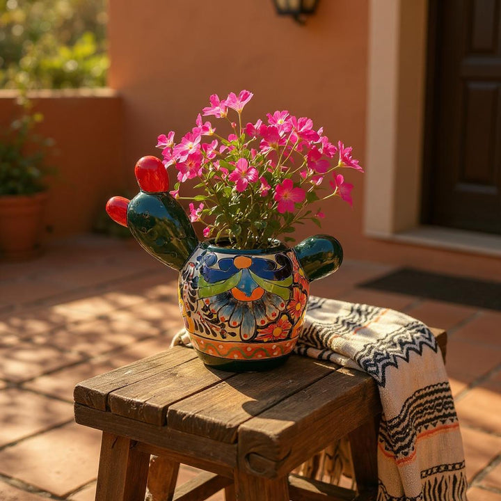 Cute Hand Painted Mexican Talavera Fruit Cactus Planter Pot – Assorted Colors (Varying Design)