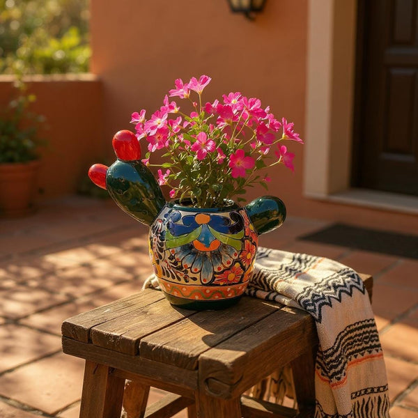 Cute Hand Painted Mexican Talavera Fruit Cactus Planter Pot – Assorted Colors (Varying Design)