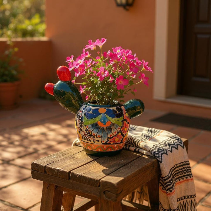 Cute Hand Painted Mexican Talavera Fruit Cactus Planter Pot – Assorted Colors (Varying Design)