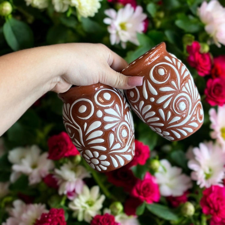 Hand Painted Talavera Rustic Brown and White Floral Cantarito Cup – Set of 2