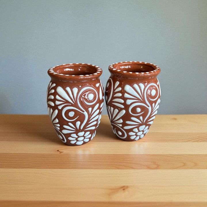 Hand Painted Talavera Rustic Brown and White Floral Cantarito Cup – Set of 2