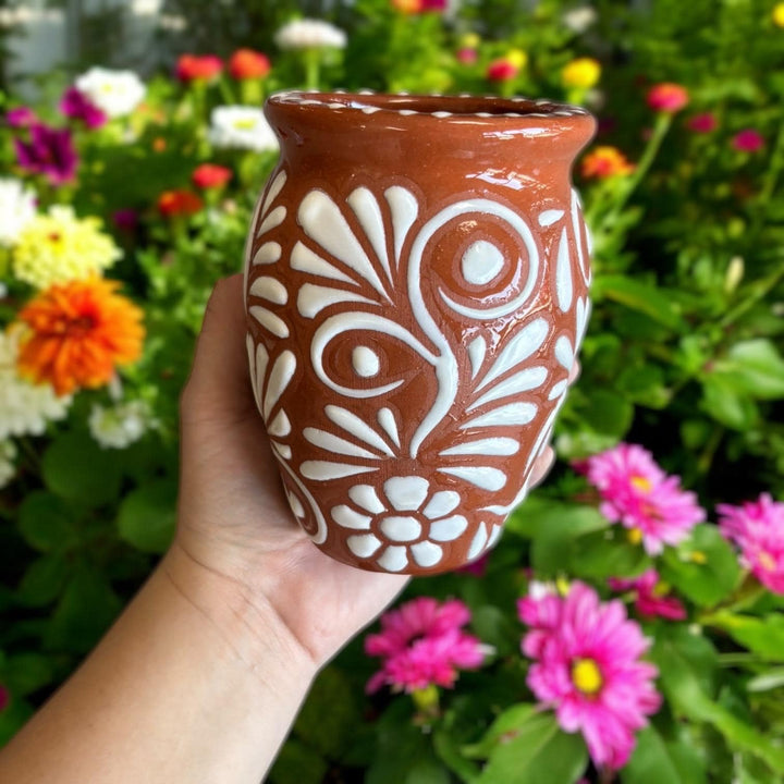 Hand Painted Talavera Rustic Brown and White Floral Cantarito Cup – Set of 2