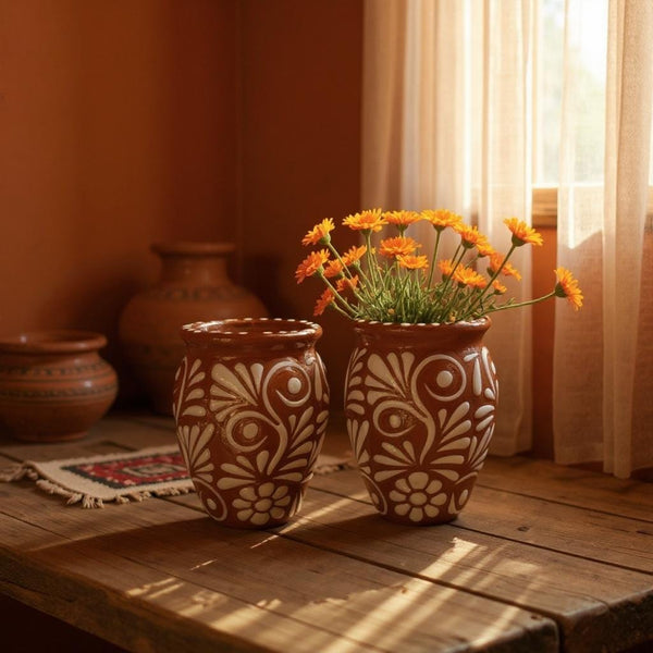 Hand Painted Talavera Rustic Brown and White Floral Cantarito Cup – Set of 2