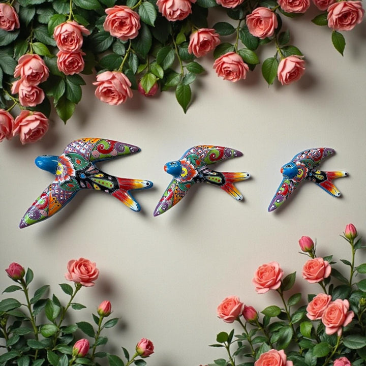 Hand Painted Talavera 3-Piece Swallow Bird Set Garden Wall Decor – Assorted Designs