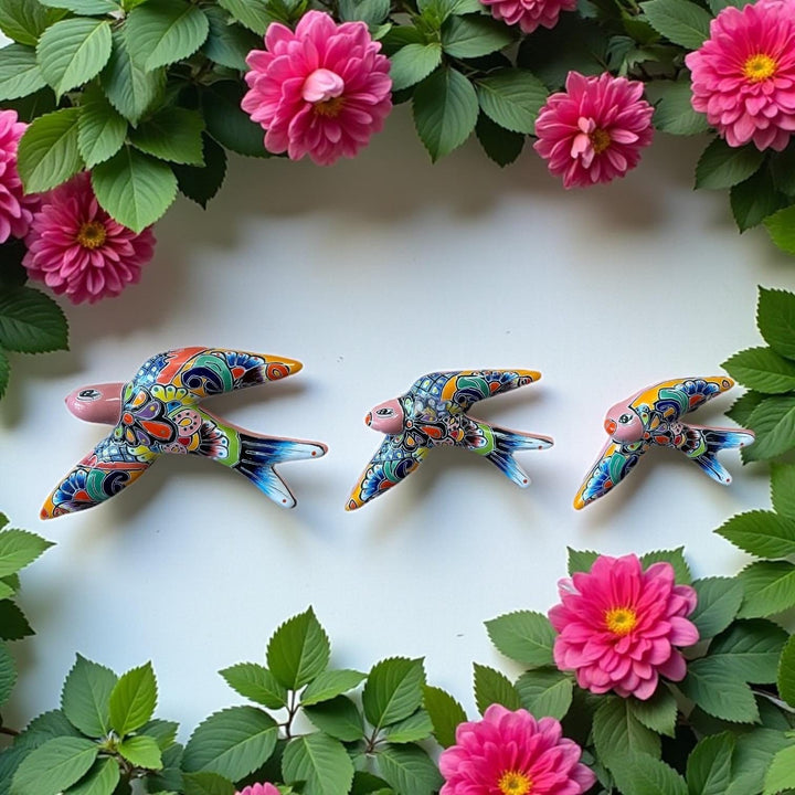 Hand Painted Talavera 3-Piece Swallow Bird Set Garden Wall Decor – Assorted Designs