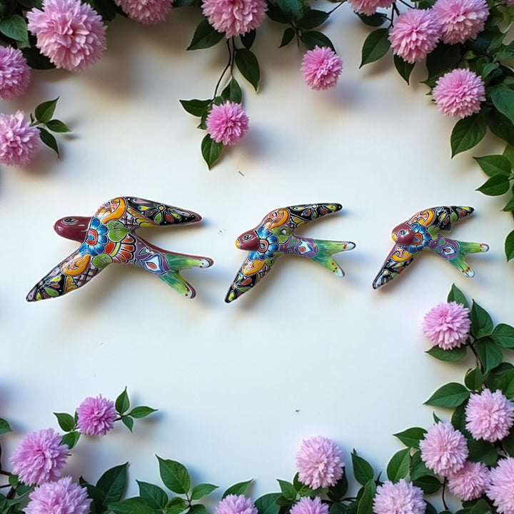 Hand Painted Talavera 3-Piece Swallow Bird Set Garden Wall Decor – Assorted Designs
