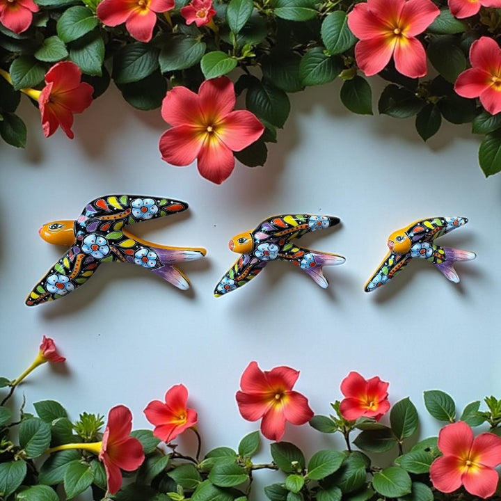 Hand Painted Talavera 3-Piece Swallow Bird Set Garden Wall Decor – Assorted Designs