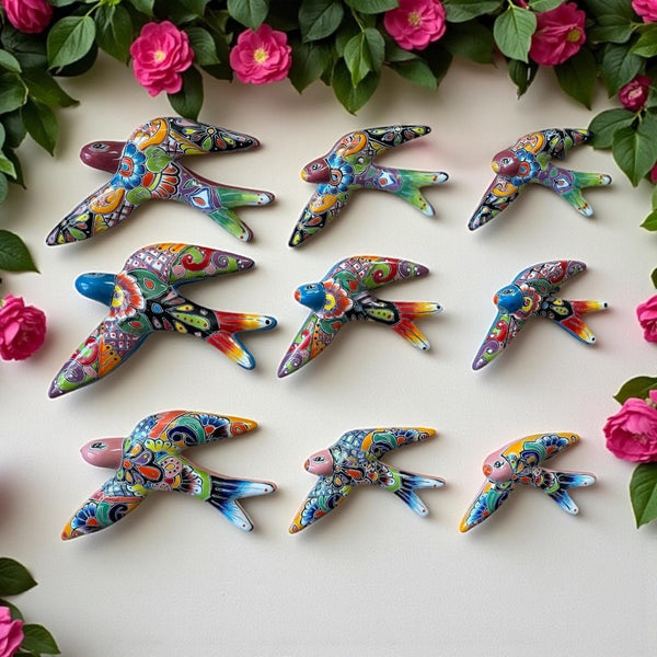 Hand Painted Talavera 3-Piece Swallow Bird Set Garden Wall Decor – Assorted Designs