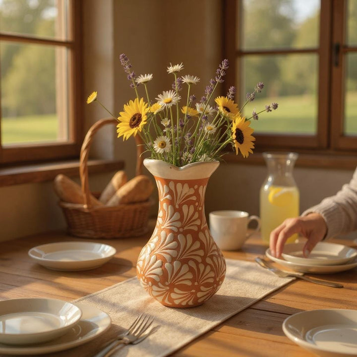 Hand Painted Mexican Brown Clay and White Rustic Clover Rim Vase (Cielito Lindo Inspired)